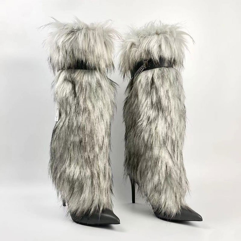 Xinzirain Custom Women Knee High Boots Stiletto Heel Pointed Toe Rabbit Fur Chain Fashion Sexy Girls Boots
