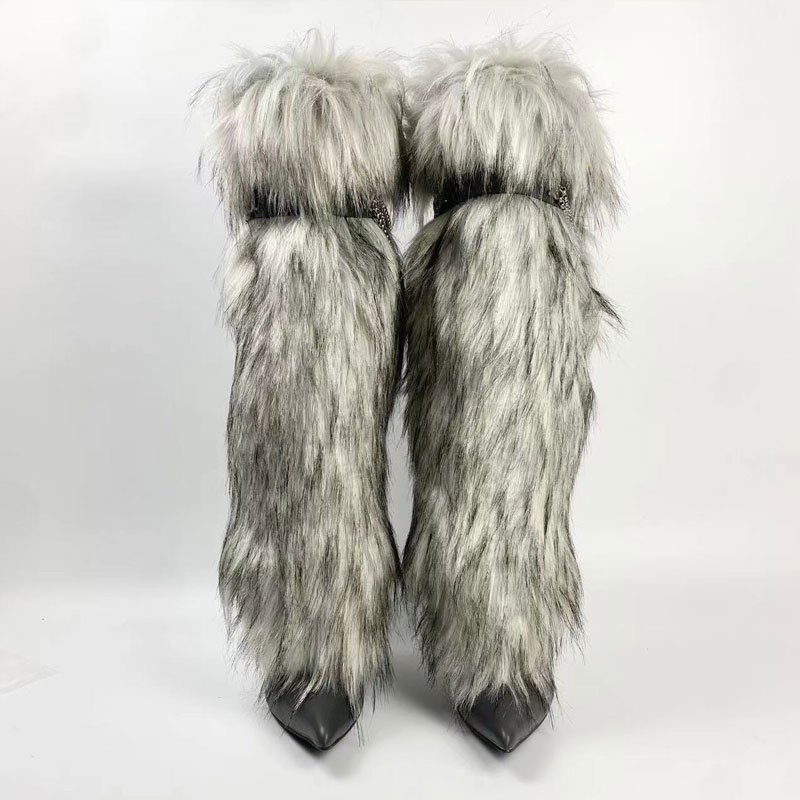 Xinzirain Custom Women Knee High Boots Stiletto Heel Pointed Toe Rabbit Fur Chain Fashion Sexy Girls Boots