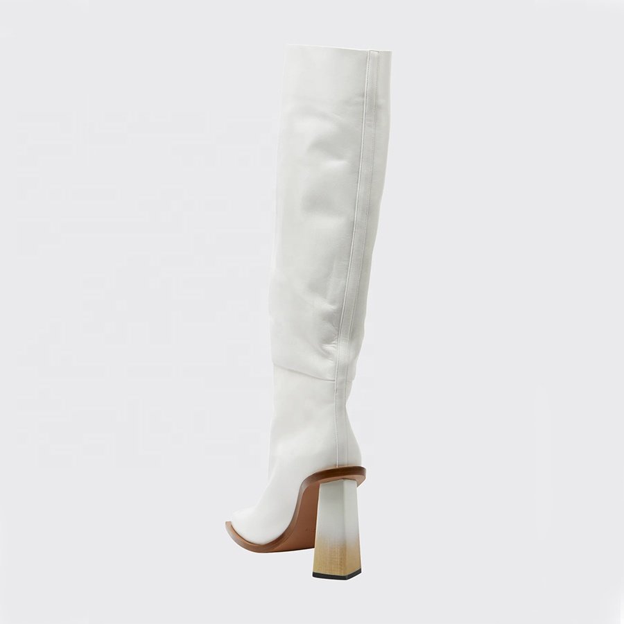 Square toe tall genuine leather lady white boots winter shoes