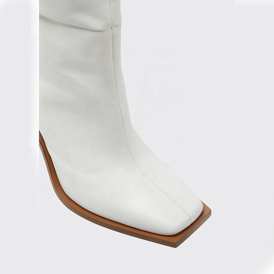 Square toe tall genuine leather lady white boots winter shoes