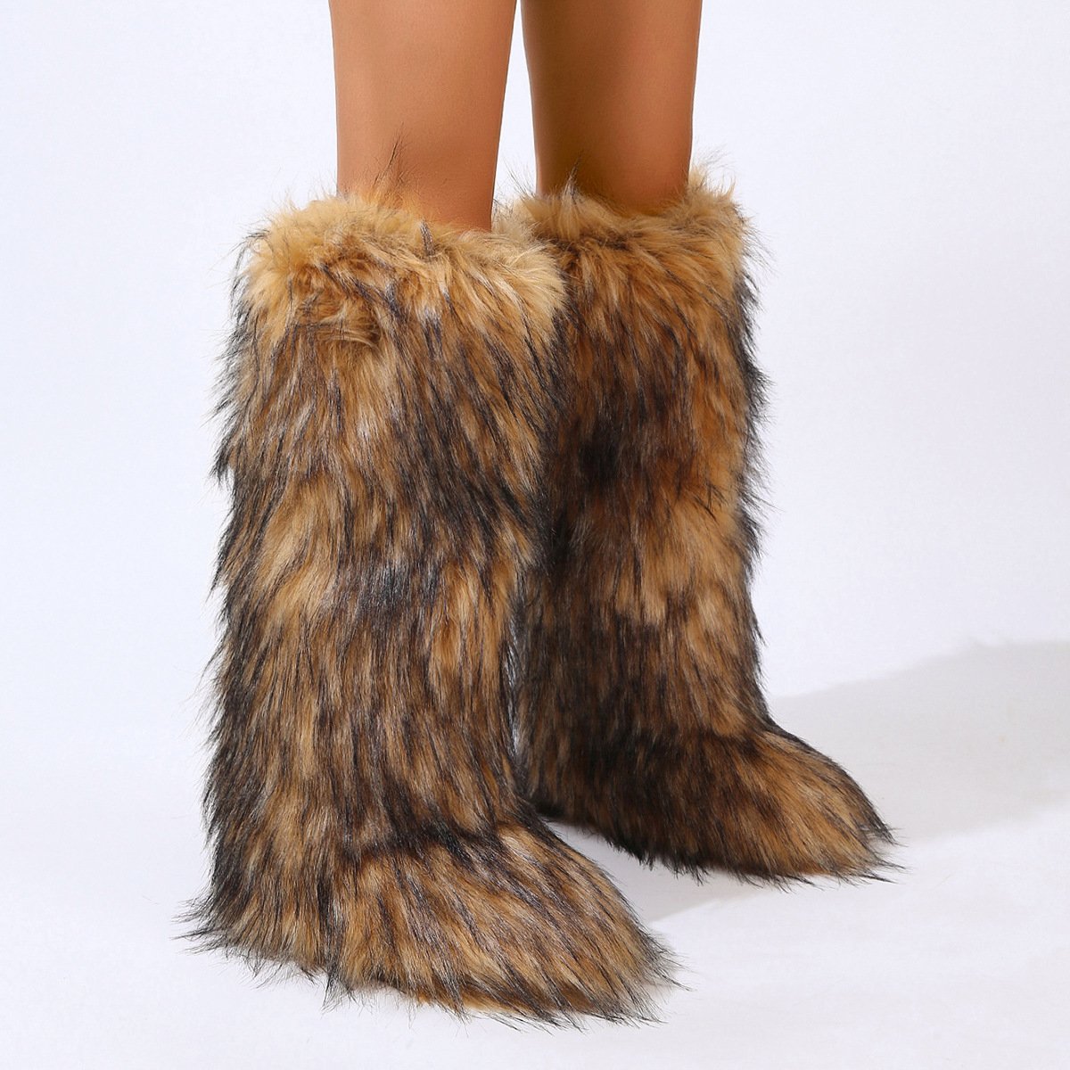 Women'S Winter Colorful Full Fur-Covered Heightening Snow Boots Furry Winter Faux Fur Long Boots
