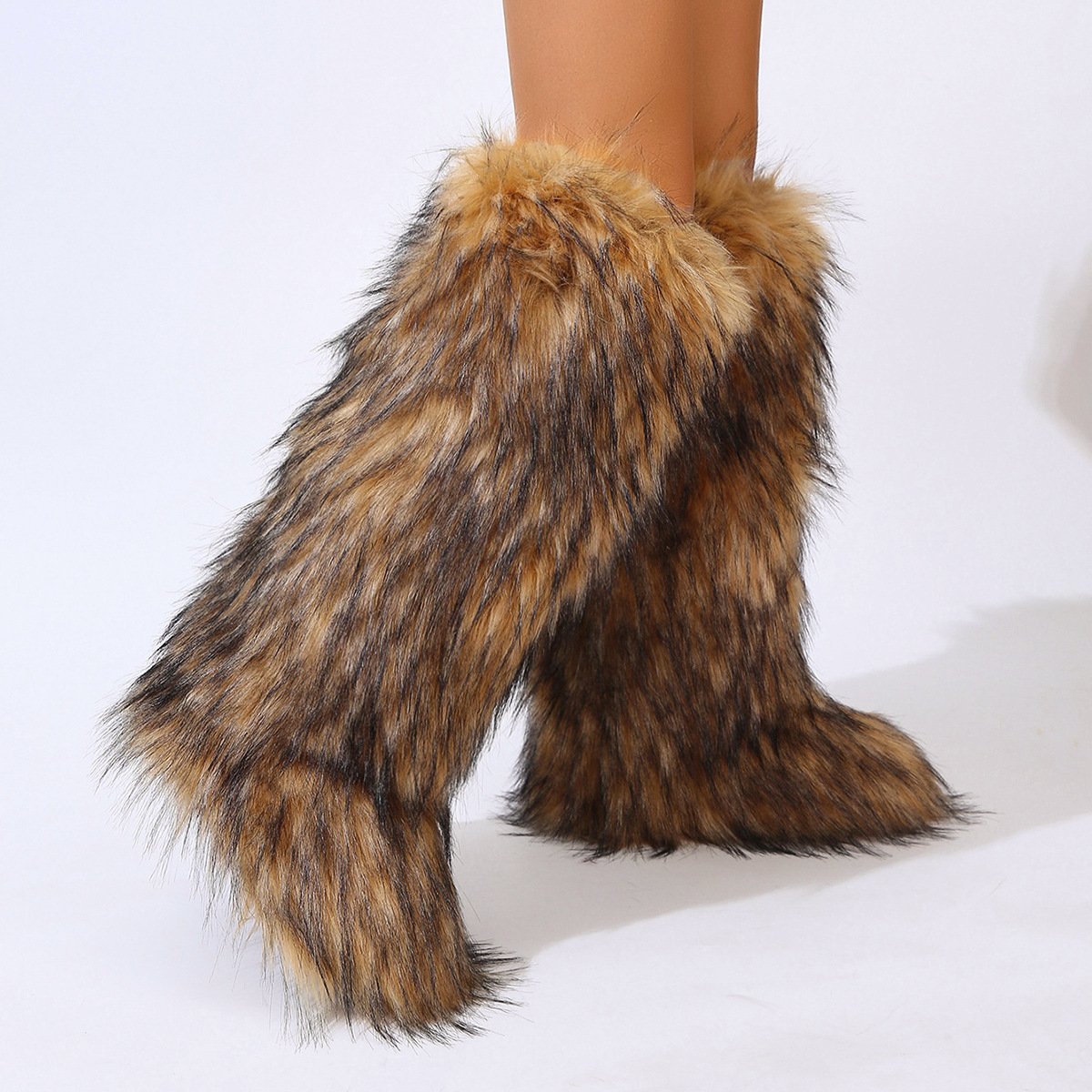 Women'S Winter Colorful Full Fur-Covered Heightening Snow Boots Furry Winter Faux Fur Long Boots