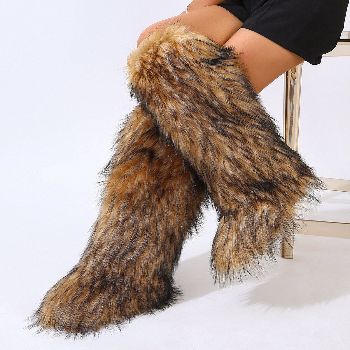 Women'S Winter Colorful Full Fur-Covered Heightening Snow Boots Furry Winter Faux Fur Long Boots