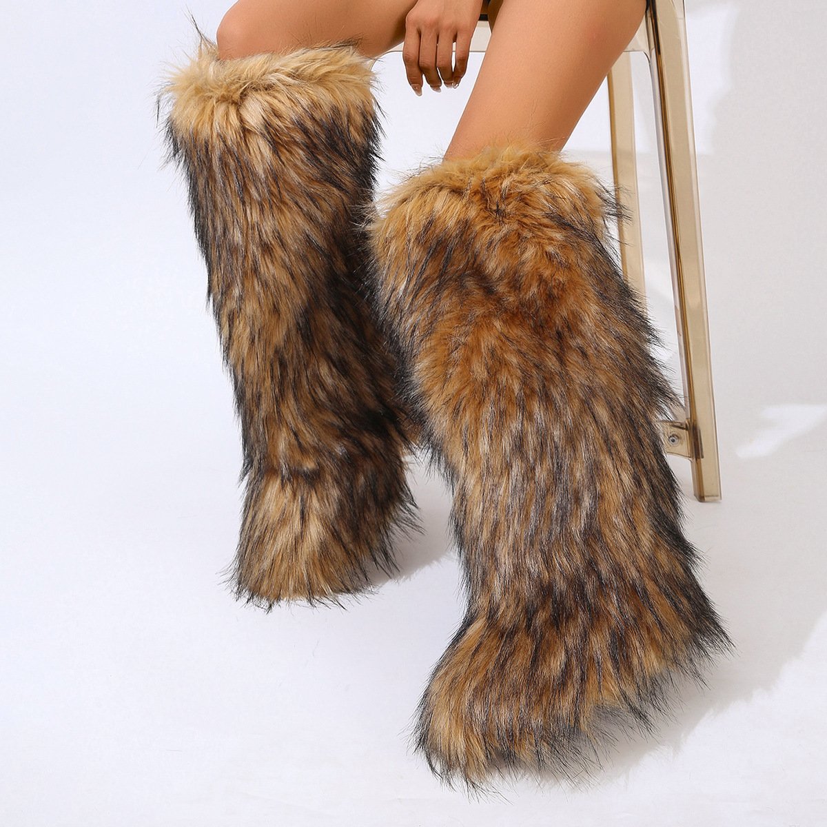 Women'S Winter Colorful Full Fur-Covered Heightening Snow Boots Furry Winter Faux Fur Long Boots