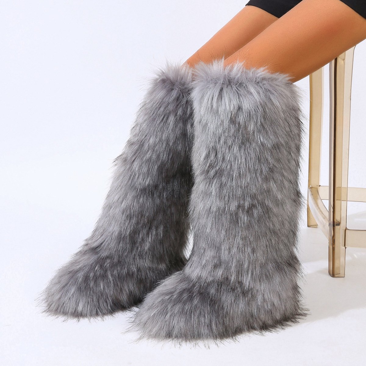 Women'S Winter Colorful Full Fur-Covered Heightening Snow Boots Furry Winter Faux Fur Long Boots