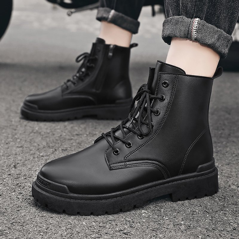 Men shoes black side zipper Work Boots High Top Fashion black boots for men
