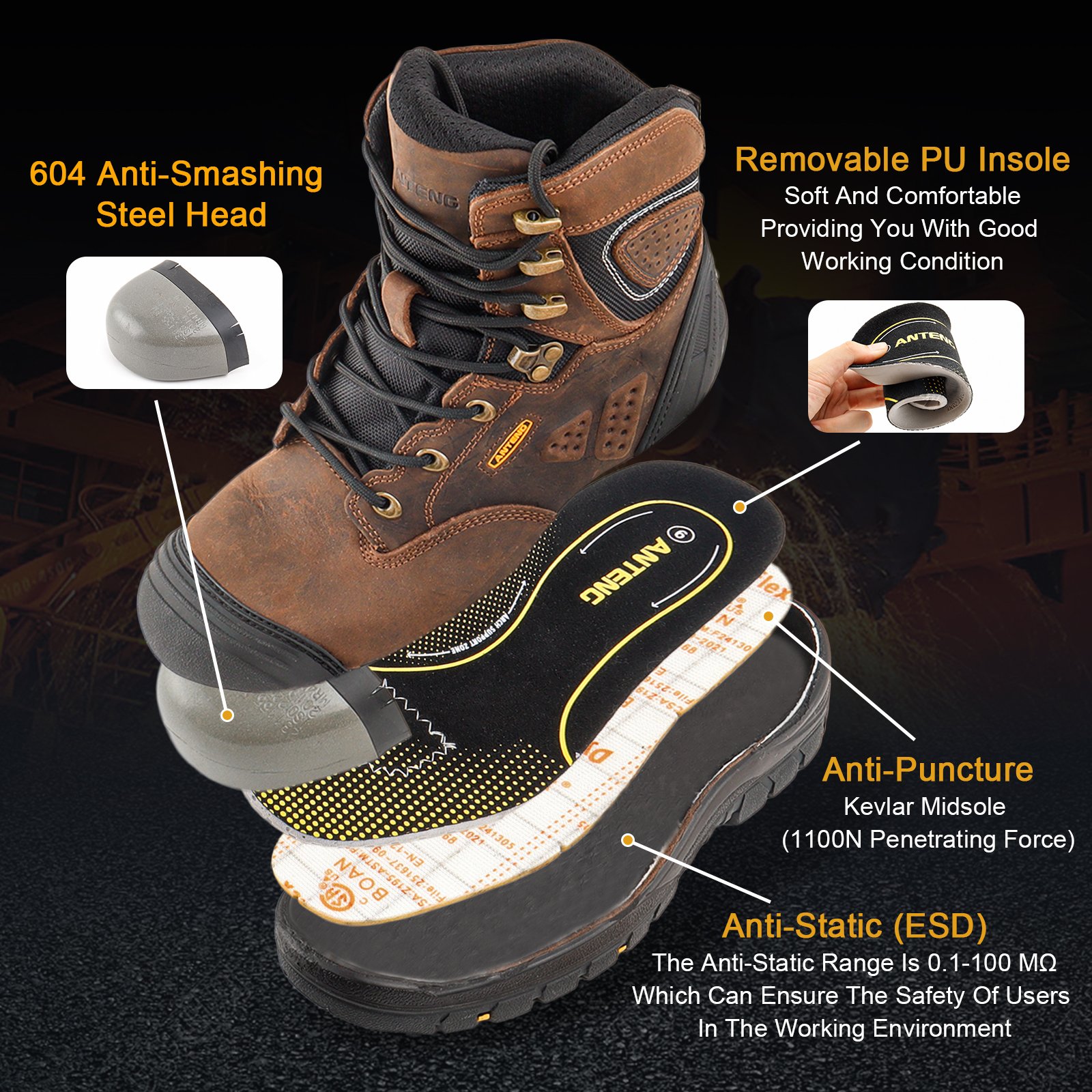 ANTENG ESD Steel Toe Safety Shoes Anti-static CE Approved Industrial Work Boots Safety Footwear