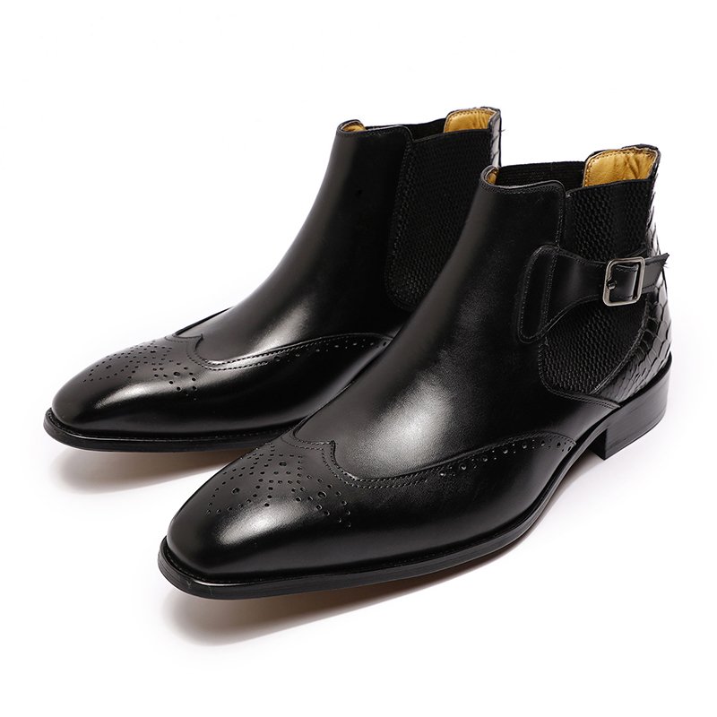 Short heel printing shoes men casual leather ankle motorcycle boots