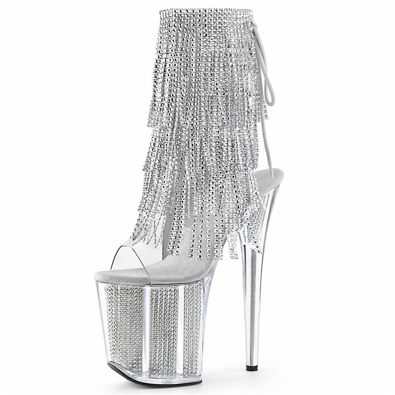 Transparent Fringe Crystal Models Platform Exotic Dancer Boots 17cm High Heels 7inch Tassels Winter Ankle Boots Fish Mouth