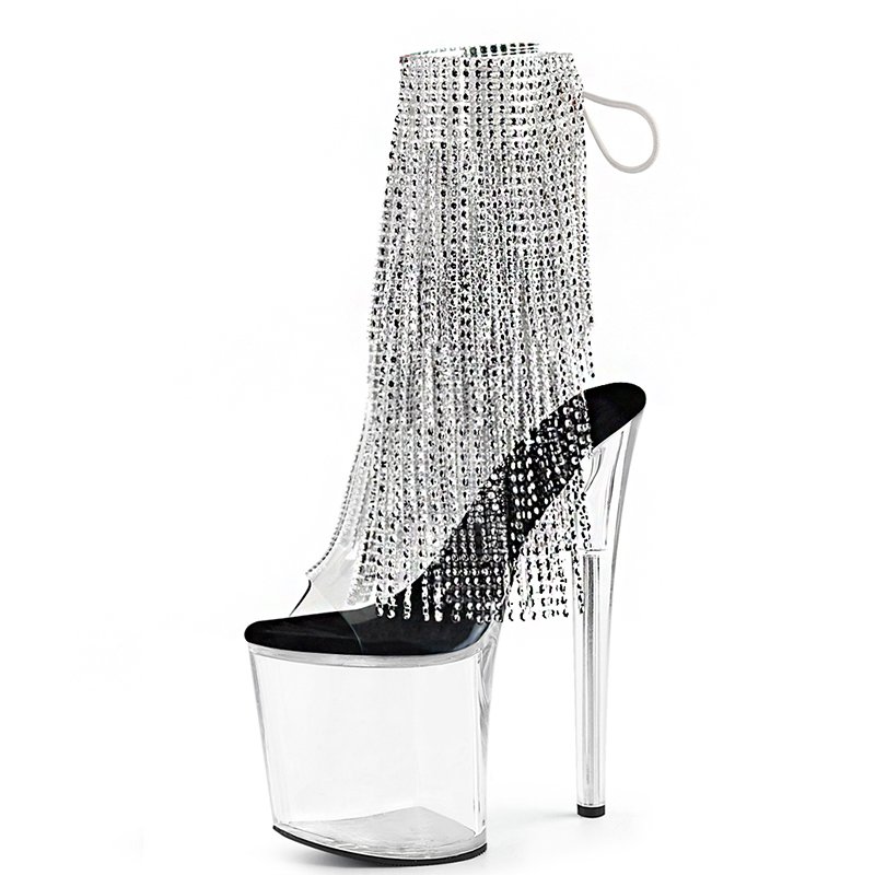Transparent Fringe Crystal Models Platform Exotic Dancer Boots 17cm High Heels 7inch Tassels Winter Ankle Boots Fish Mouth