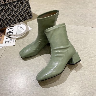 New Arrival Low 5cm Women Hot Boots Genuine Leather Platform Short Ankle Boots Prom Chunky High Heels Green Shoes