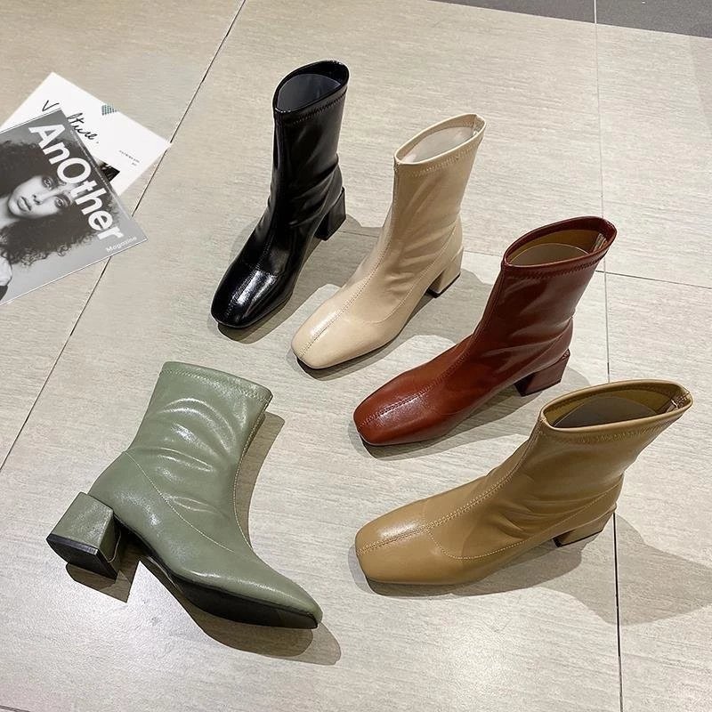 New Arrival Low 5cm Women Hot Boots Genuine Leather Platform Short Ankle Boots Prom Chunky High Heels Green Shoes
