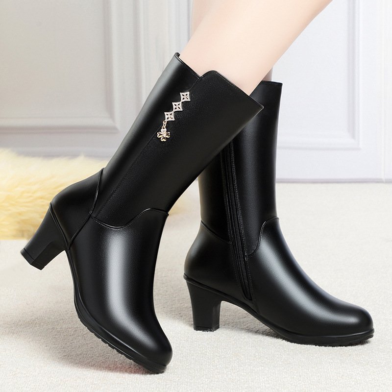 New Autumn Winter Plush Medium Soft Leather Warm Cotton Middle aged and Elderly Mid length winter/snow boots for women