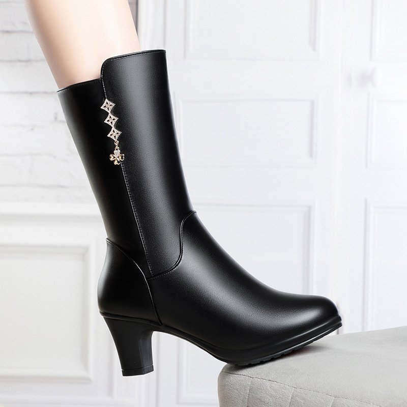 New Autumn Winter Plush Medium Soft Leather Warm Cotton Middle aged and Elderly Mid length winter/snow boots for women