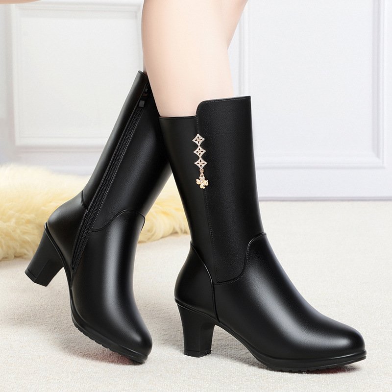 New Autumn Winter Plush Medium Soft Leather Warm Cotton Middle aged and Elderly Mid length winter/snow boots for women
