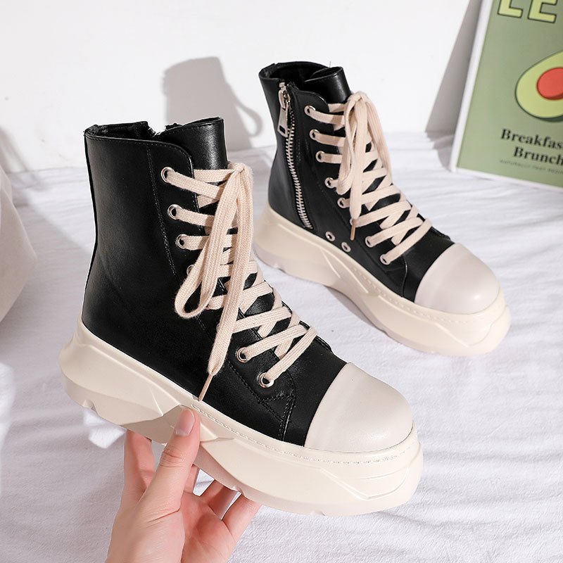 Ready to ship boutique ladies designer walking style shoes pu leather canvas black boots