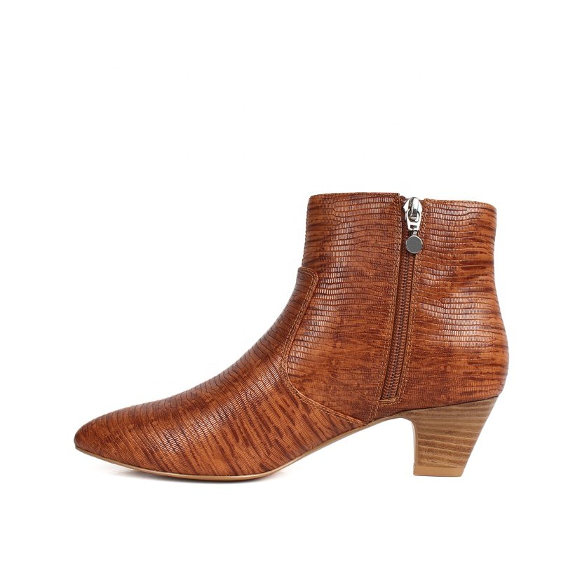 Custom Cheap Price Embossed PU Ankle Booties Comfortable Casual High Heel Zip Boots Ladies Pointed Toe Anti-Slippery Features