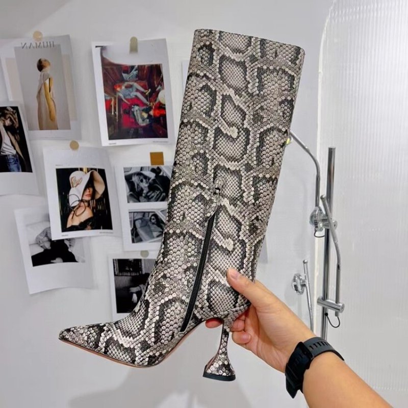Snakeskin New Fashion Slip on Fall Spring Kitten Heels Women Knee High Boots for Sexy Ladies