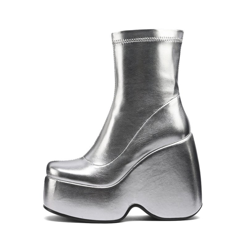 2022 spring and autumn thick-soled boots muffin wedge heel square scalp ankle boots silver elastic side zipper ankle boots