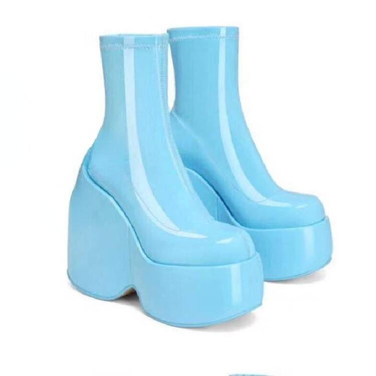 2022 spring and autumn thick-soled boots muffin wedge heel square scalp ankle boots silver elastic side zipper ankle boots