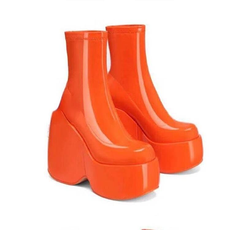 2022 spring and autumn thick-soled boots muffin wedge heel square scalp ankle boots silver elastic side zipper ankle boots