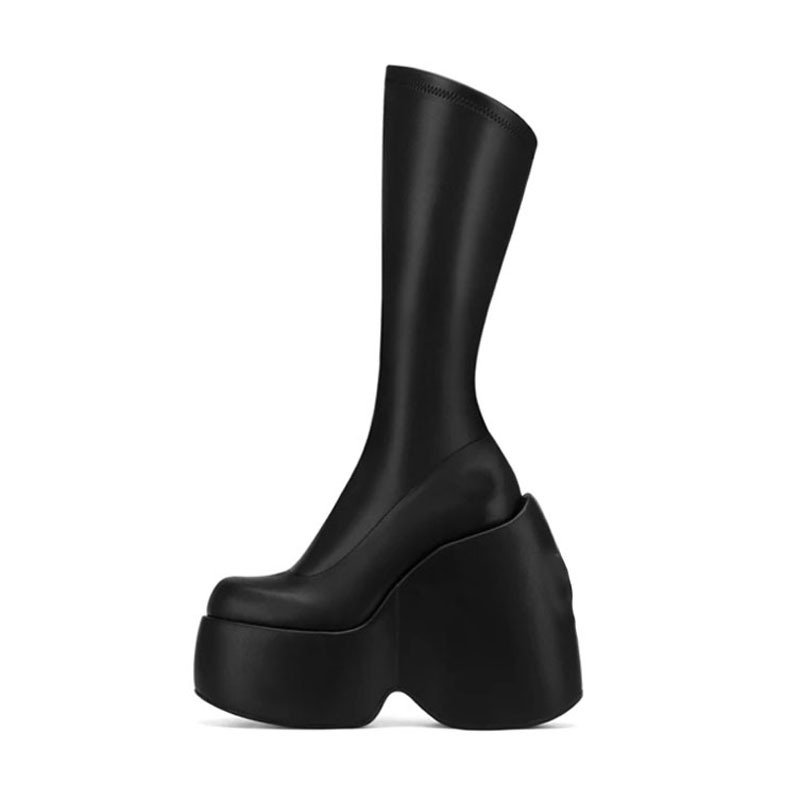 2022 spring and autumn thick-soled boots muffin wedge heel square scalp ankle boots silver elastic side zipper ankle boots
