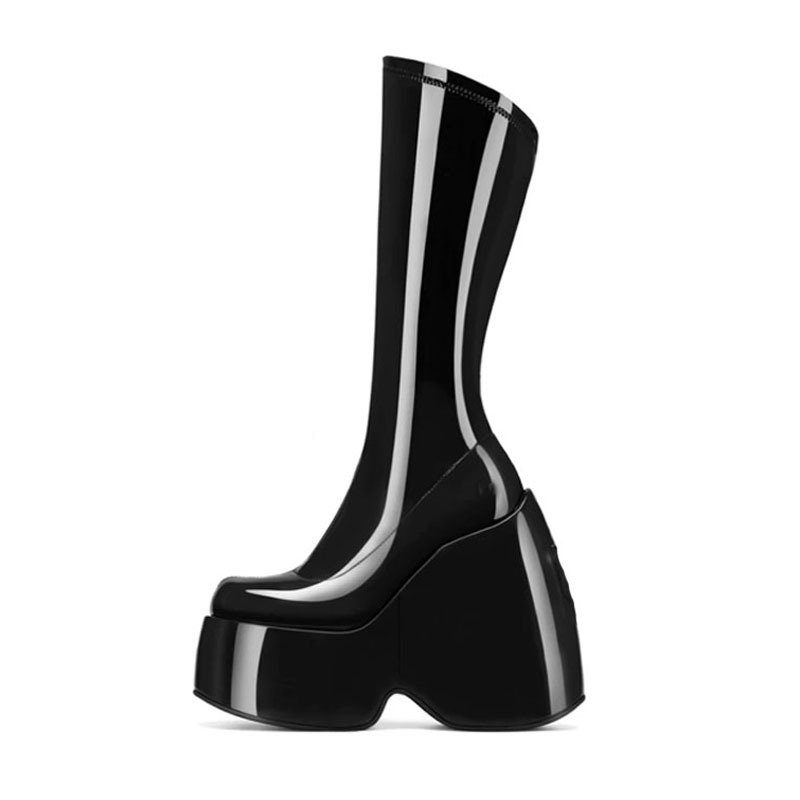 2022 spring and autumn thick-soled boots muffin wedge heel square scalp ankle boots silver elastic side zipper ankle boots