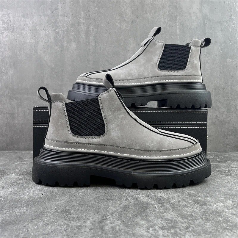Luxury Design Mens Platform Chelsea Boot Thick Bottom Split Leather Male Footwear Slip On Martins Boots