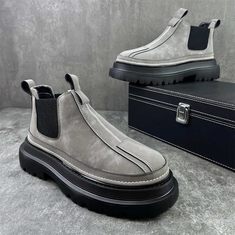 Luxury Design Mens Platform Chelsea Boot Thick Bottom Split Leather Male Footwear Slip On Martins Boots