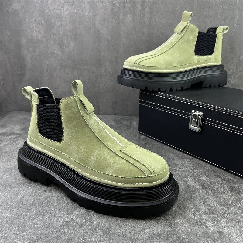 Luxury Design Mens Platform Chelsea Boot Thick Bottom Split Leather Male Footwear Slip On Martins Boots