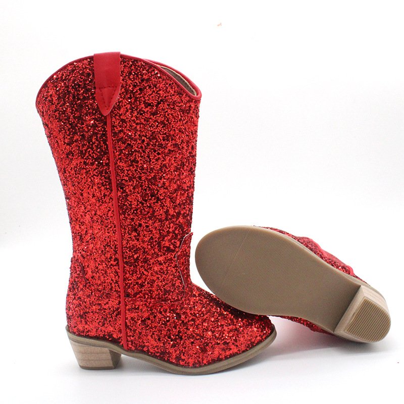 Cowboy Boots,New Cute Leopard Cow Printed Kid Girl Heel Shoes West Cowboy Zipper Retro Shoes Glitter Cowgirl Boots