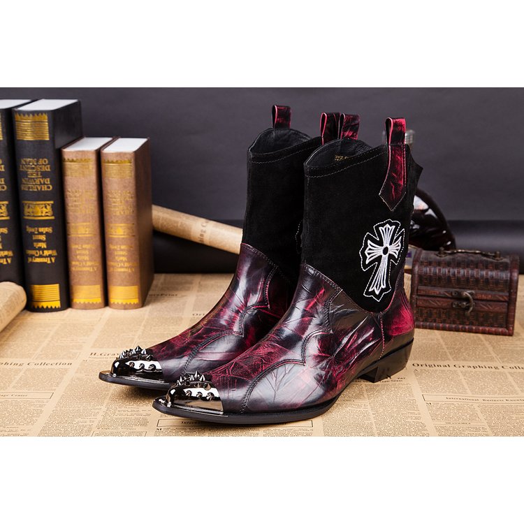 NA049 New Winter Shoes Genuine leather Men Pointed Toe Metal Tip Men's Dress Boots Fashion Red Retro Mens Wedding Shoes