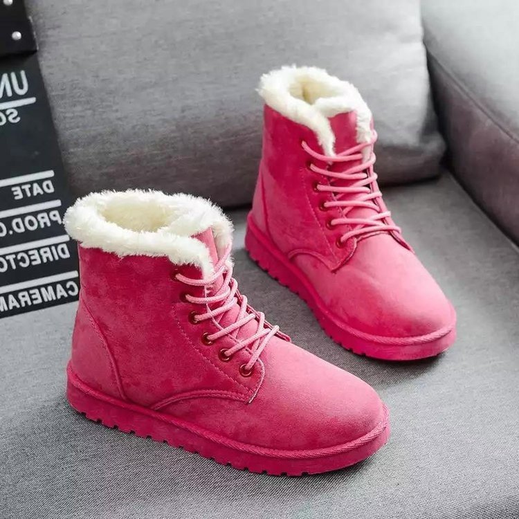 New Style Solid Color Round Toe Flat Heel Short Winter Boots Fashion Warm Lace Up Women Snow Boots