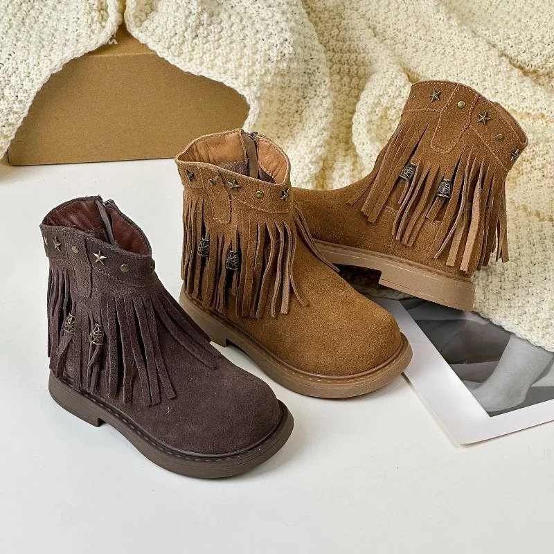 Winter Children's Girls Fringe Genuine Leather Flats Ankle Boots Kids Toddler Suede Genuine Leather Plush Warm Zip Short Boots