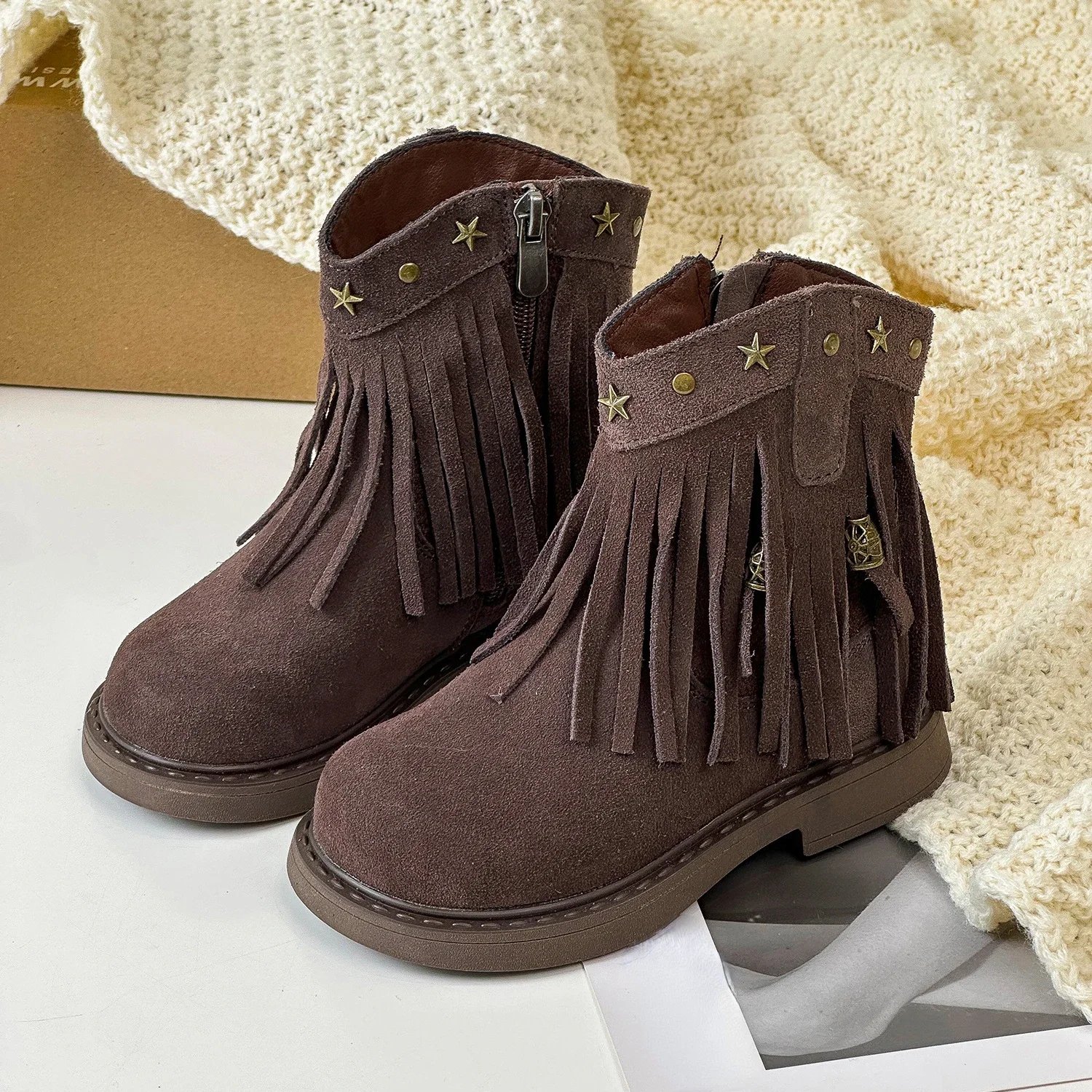 Winter Children's Girls Fringe Genuine Leather Flats Ankle Boots Kids Toddler Suede Genuine Leather Plush Warm Zip Short Boots