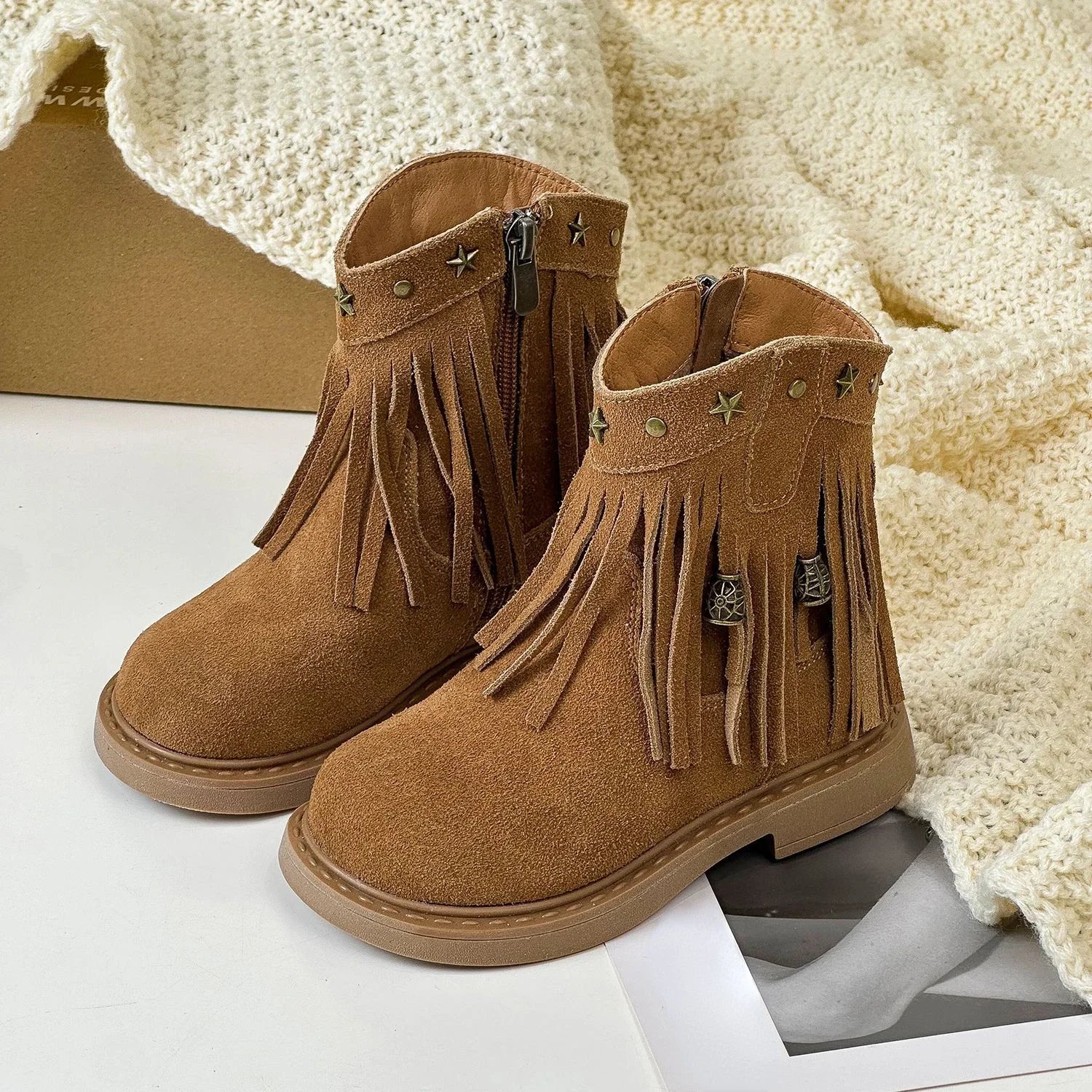 Winter Children's Girls Fringe Genuine Leather Flats Ankle Boots Kids Toddler Suede Genuine Leather Plush Warm Zip Short Boots