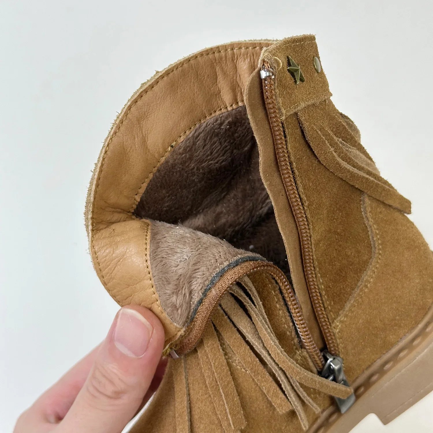 Winter Children's Girls Fringe Genuine Leather Flats Ankle Boots Kids Toddler Suede Genuine Leather Plush Warm Zip Short Boots