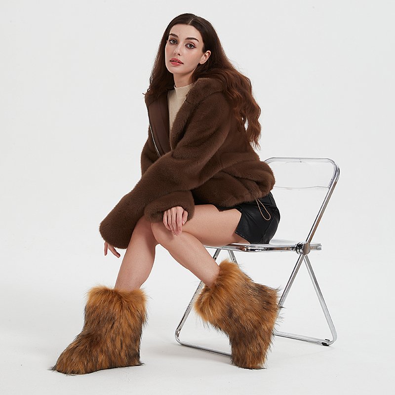 Snow Boots Set with Matching Purse and Headband High Winter Ladies Winter Shoes Faux Fluffy Fur Warm Furry Fur Plush for Women