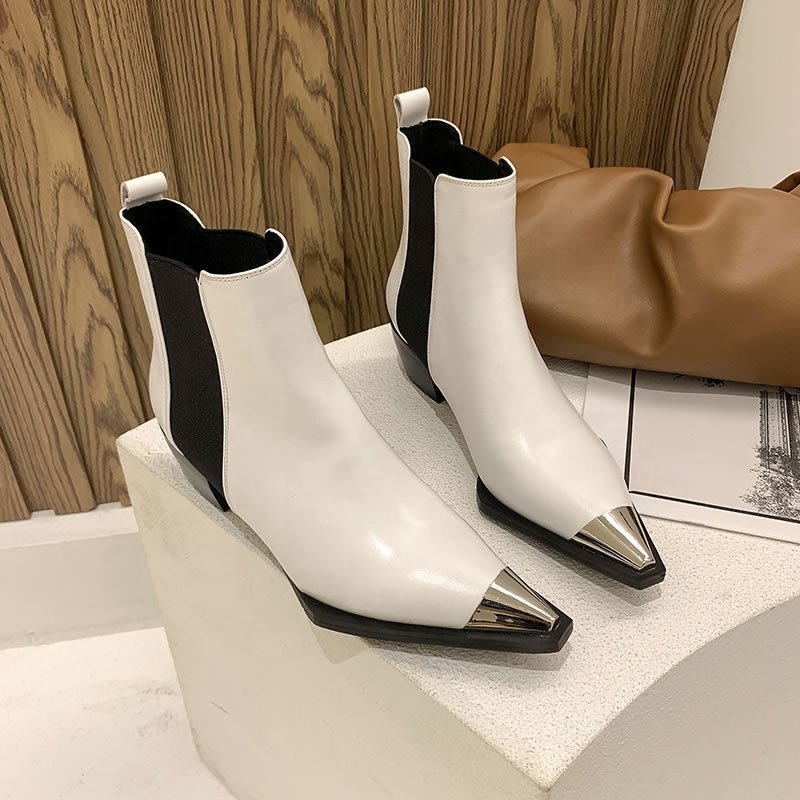 2022 Summer Autumn Retro Black Beige Thick Square Heels Special Pointed Toe Mid Heels Slip On Women Ankle Boots