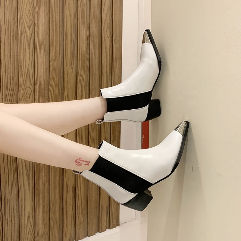 2022 Summer Autumn Retro Black Beige Thick Square Heels Special Pointed Toe Mid Heels Slip On Women Ankle Boots