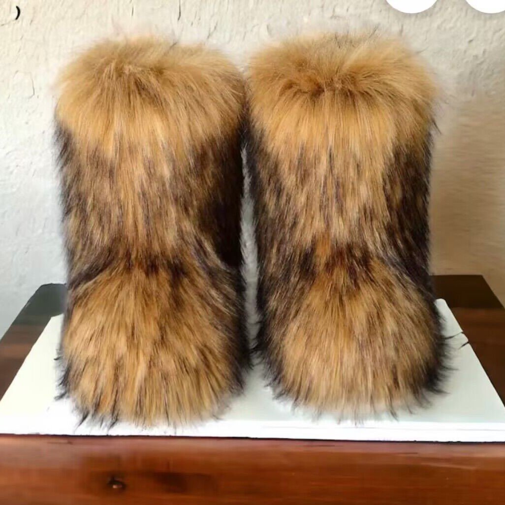Winter Raccoon Furry Fluffy Fuzzy Snow Boots For Women Fur Boots Women Fur Heel Boots