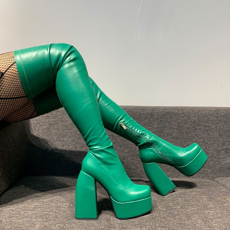 Square Toe Platform Thick Heel Over Knee Boots Super High Heel Side Zipper Boots Ladies Over Knee Elastic Boots Large Size 11