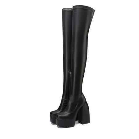 Square Toe Platform Thick Heel Over Knee Boots Super High Heel Side Zipper Boots Ladies Over Knee Elastic Boots Large Size 11