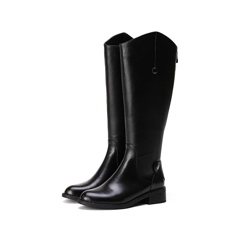 Fashion Women Footwear Genuine Leather Back Zipper Riding Boots Women Shoes Block Low Heel Round Toe Knee Boots OEM Shoes