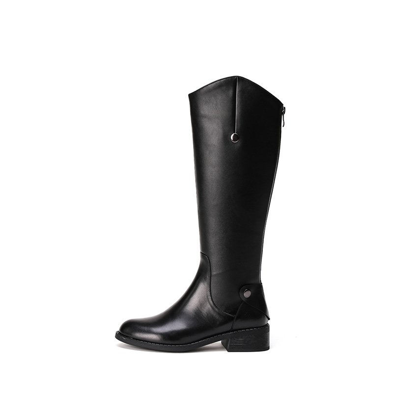 Fashion Women Footwear Genuine Leather Back Zipper Riding Boots Women Shoes Block Low Heel Round Toe Knee Boots OEM Shoes