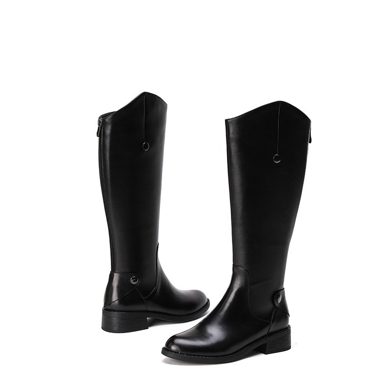 Fashion Women Footwear Genuine Leather Back Zipper Riding Boots Women Shoes Block Low Heel Round Toe Knee Boots OEM Shoes