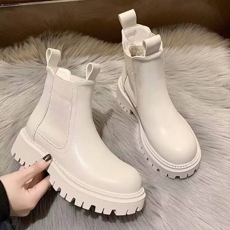 New Fashion Women Ankle Boots Round British Style Thick Heeled Solid Color Waterproof Ankle Boots
