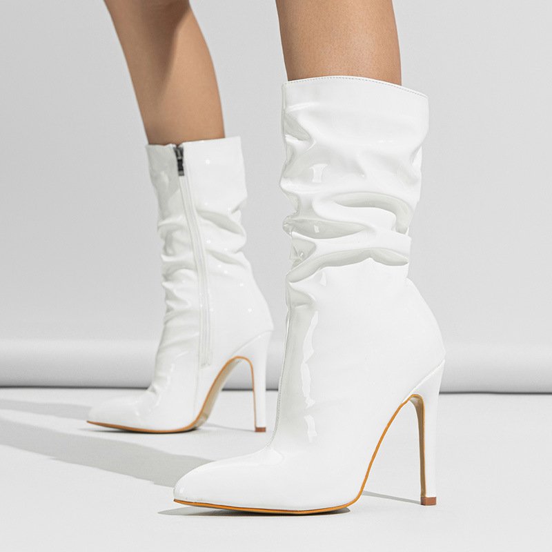 Manufacturers supply elastic boots female pointed patent leather fashion zipper stiletto heel pile tube female boots