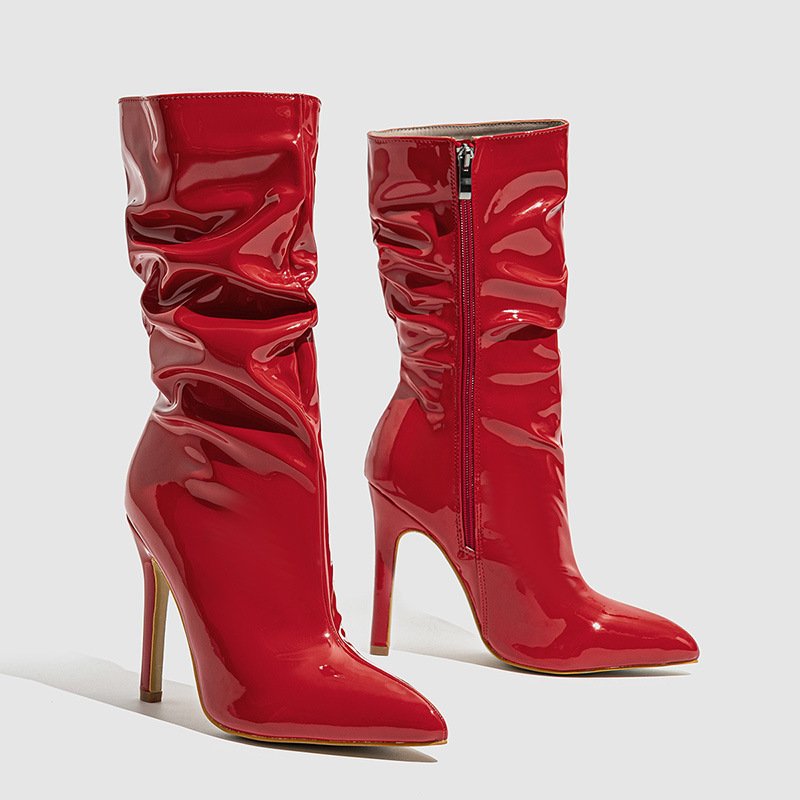 Manufacturers supply elastic boots female pointed patent leather fashion zipper stiletto heel pile tube female boots