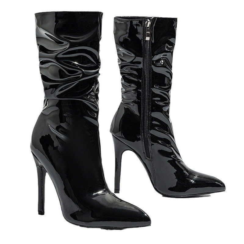 Manufacturers supply elastic boots female pointed patent leather fashion zipper stiletto heel pile tube female boots
